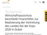 Vorschaubild: Wirtschaftsausschuss beschließt Finanzhilfen zur Realisierung der Vertretung des Landes bei der Expo 2020 in Dubai