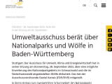 Vorschaubild: Umweltausschuss berät über Nationalparks und Wölfe in Baden-Württemberg