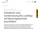 Vorschaubild: Präsidentin Aras: Sondersitzung des Landtags soll Nachtragshaushalt beschließen