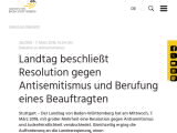 Vorschaubild: Landtag beschließt Resolution gegen Antisemitismus und Berufung eines Beauftragten