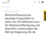 Vorschaubild: Wirtschaftsausschuss bewilligt Finanzhilfen in Höhe von 155 Millionen Euro für Batteriezellfertigung und diskutiert Lockerungen der 800 qm Regelung, die ab dem morgigen Tag gelten