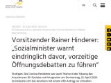 Vorschaubild: Vorsitzender Rainer Hinderer: „Sozialminister warnt eindringlich davor, vorzeitige Öffnungsdebatten zu führen“