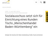 Vorschaubild: Sozialausschuss setzt sich für Einrichtung eines Runden Tischs „Menschenhandel Baden-Württemberg“ ein