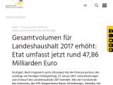 Vorschaubild: Gesamtvolumen für Landeshaushalt 2017 erhöht: Etat umfasst jetzt rund 47,86 Milliarden Euro