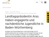 Vorschaubild: Landtagspräsidentin Aras: Haben engagierte und nachdenkliche Jugendliche in Baden-Württemberg