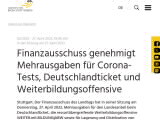 Vorschaubild: Finanzausschuss genehmigt Mehrausgaben für Corona-Tests, Deutschlandticket und Weiterbildungsoffensive