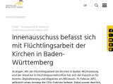 Vorschaubild: Innenausschuss befasst sich mit Flüchtlingsarbeit der Kirchen in Baden-Württemberg
