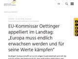 Vorschaubild: EU-Kommissar Oettinger appelliert im Landtag: „Europa muss endlich erwachsen werden und für seine Werte kämpfen“